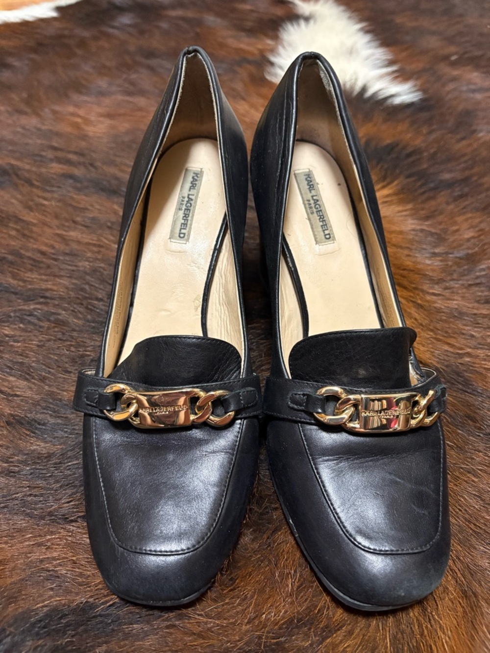 Karl Lagerfeld Black Leather Heels with Gold Chain Detail